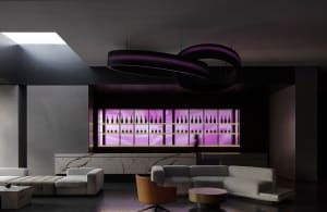 Modern retail bar interior with marble and concrete finishes.
