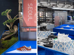 A modern shoe display featuring black and blue accents with metal and plastic materials.