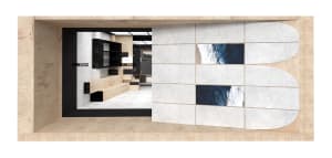 A modern retail storefront featuring industrial design elements with concrete finishes.