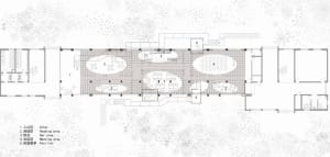 A detailed architectural blueprint of an office space, showing various functional zones such as meeting areas, lounge, and re