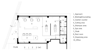 A detailed 2D technical drawing of a barber shop layout, including various functional zones such as waiting and counseling, c