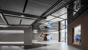 Modern retail space featuring metal and glass elements