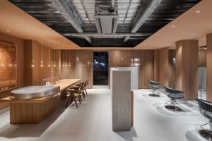 Modern interior design of a salon featuring concrete and wood materials.