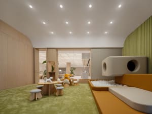 A modern playroom featuring soft furnishings and a ball pit.