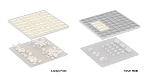 Modular space planning system featuring compact panels in a white plastic material, designed for flexible use in various type