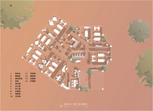 Floor plan layout of a spa interior with neutral finishes and functional areas designated by numbers.