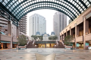 A modern shopping center with a glass ceiling, showcasing sleek architecture and urban design.