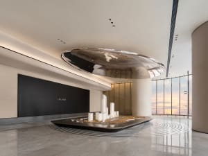 Modern lobby interior with marble flooring and ceiling.