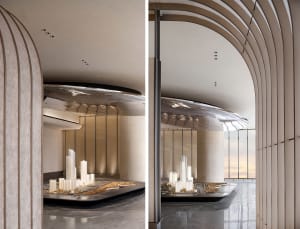 A modern office interior with glass walls, stone floors, and an art installation in the center.