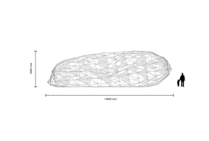 A wireframe diagram of an exhibition space with dimensions provided and human silhouettes for scale.