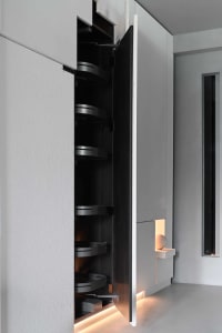 Modern kitchen with grey metal cabinet detail