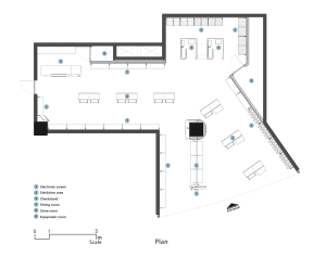 2D architectural drawing of a retail space with exhibition areas, checkstands, fitting rooms, storage areas, and equipment ro