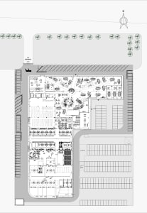Floor plan of a car wash center with concrete elements.