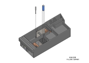 Isometric floor plan of an office space with concrete support columns.