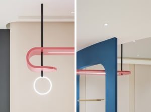Modern interior design featuring metal and acrylic light fixtures.
