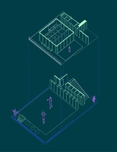 Isometric architectural drawing of a contemporary interior space with minimalist design features.