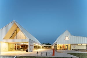 Modern exterior of a public facility made primarily of metal