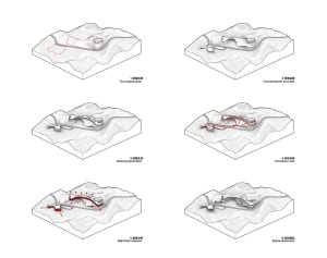 A series of architectural renderings illustrating the design process of a space