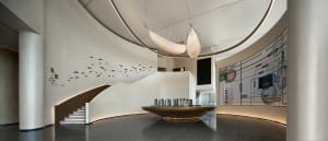Modern Art Deco interior with minimalist design and concrete elements.
