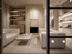 A modern retail space featuring neutral-toned materials and minimalist design elements.