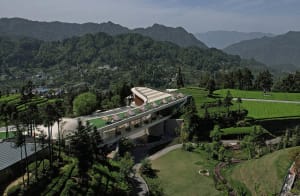 An aerial view of a modern tea room nestled in verdant mountains, showcasing greenery, concrete, and glass materials.