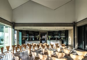 A modern conference room with wooden chairs and concrete walls.