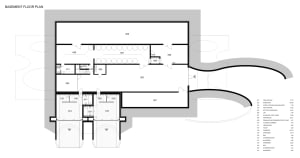 Floor plan of the basement level of a commercial building showing rooms labeled with numbers and names in a numbered list