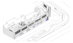 An architectural rendering of a modern building interior showcasing metal, glass, and concrete materials.