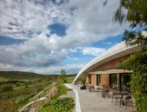A modern, curved residential building with wooden accents and concrete structure overlooking a scenic landscape.