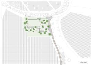 A detailed architectural plan showing the layout of a landscape architecture design with fractal-patterned texture and trees.