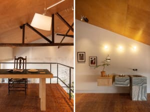 A minimalist office space featuring wooden elements.
