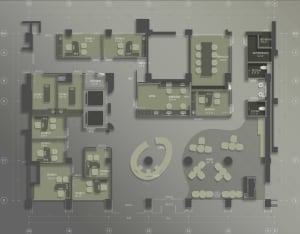2D architectural floor plan of a hospitality design project with multiple rooms and functional areas.