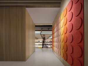 A minimalistic library featuring acoustic foam panels and wooden walls