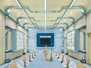 Industrial-themed interior room featuring exposed pipes and lighting fixtures