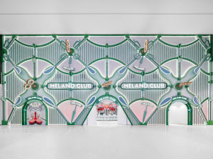 A minimalist club interior with metallic elements.