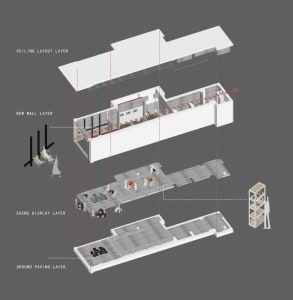 Detailed architectural rendering of a modern interior featuring concrete materials.