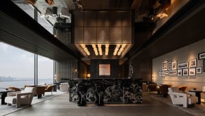 Modern lobby with marble finishes and minimalist design.