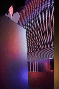 Modern nightclub entrance with metal frame grid design