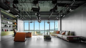 Modern office space featuring concrete and glass materials.