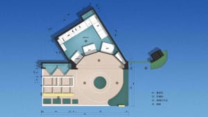 Floor plan of a commercial interior with mixed materials.