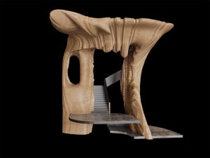 A modern design wooden sculpture with abstract forms and a spiral staircase inside.