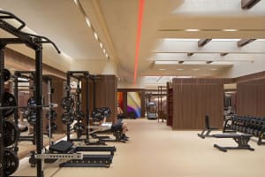 A spacious modern gym with steel equipment and wooden accents