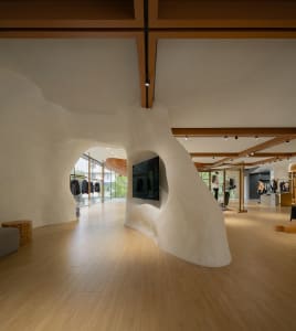 Modern retail space featuring curved, concrete walls with a minimalist design.