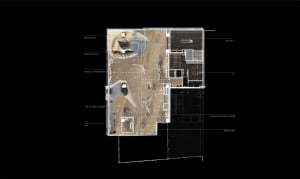 A floor plan of a modern retail space featuring wooden flooring.