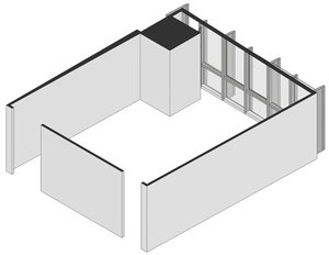 An isometric view of a modern office space with glass walls.