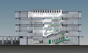 Cross-sectional view of a modern office building showing a glass ceiling.