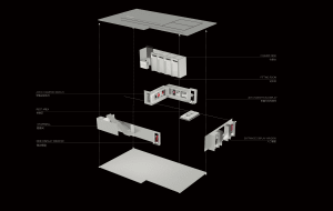 An architectural floor plan depicting various functional zones within a retail space.