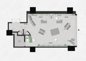 Top-down view of a retail store layout with fabric, furniture, and concrete elements.