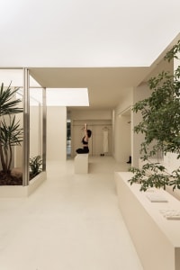 A minimalist clothing shop with concrete walls and glass elements.