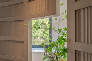 Modern home decor featuring wood plank walls and a window view of greenery.